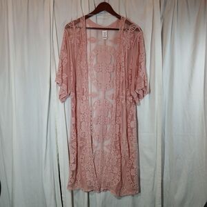 Pink Lace Boho Hippie Open Front Kimono Women's L/XL Cotton/Nylon Sheer Cover Up